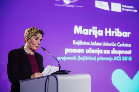 Marija Hribar, direktorica knjižnice Jožeta Udoviča Cerknica (prejemniki priznanja ACS 2018)